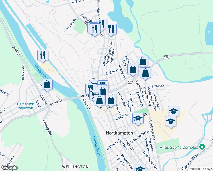 map of restaurants, bars, coffee shops, grocery stores, and more near 2167 Main Street in Northampton
