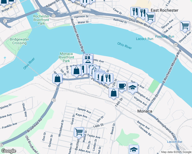 map of restaurants, bars, coffee shops, grocery stores, and more near 924 Washington Avenue in Monaca