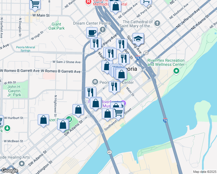 map of restaurants, bars, coffee shops, grocery stores, and more near 331 Fulton Street in Peoria