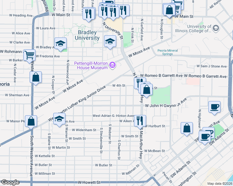 map of restaurants, bars, coffee shops, grocery stores, and more near 1112 W 4th St in Peoria
