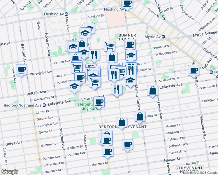 map of restaurants, bars, coffee shops, grocery stores, and more near 804 Dekalb Avenue in Brooklyn