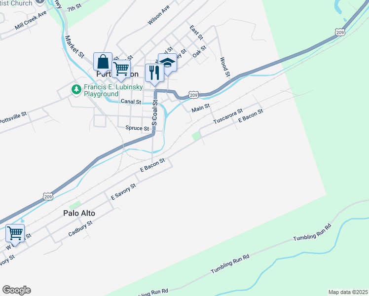 map of restaurants, bars, coffee shops, grocery stores, and more near 401 East Bacon Street in Pottsville