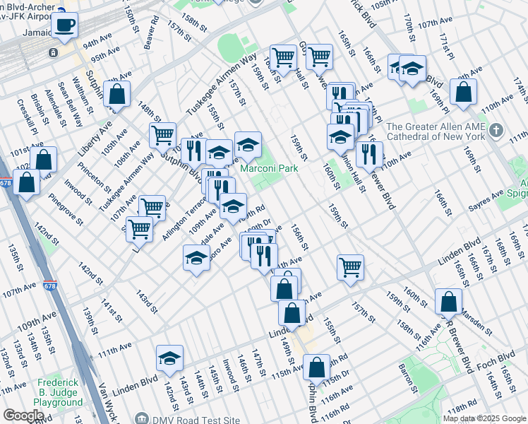 map of restaurants, bars, coffee shops, grocery stores, and more near 109-28 155th Street in Queens