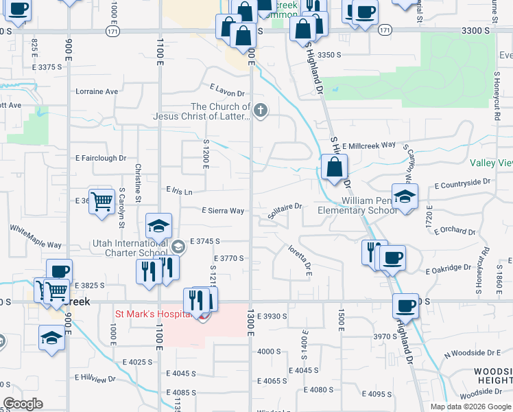 map of restaurants, bars, coffee shops, grocery stores, and more near 3655 South 1300 East in Salt Lake City