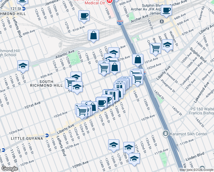 map of restaurants, bars, coffee shops, grocery stores, and more near 101-17 130th Street in Queens