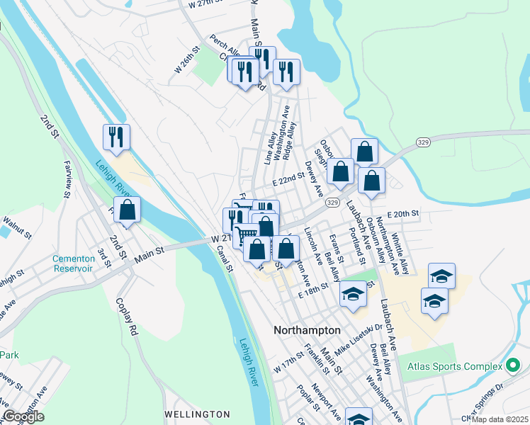 map of restaurants, bars, coffee shops, grocery stores, and more near 2143 Main Street in Northampton