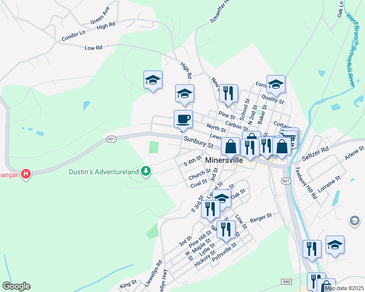 map of restaurants, bars, coffee shops, grocery stores, and more near 402 South 5th Street in Minersville
