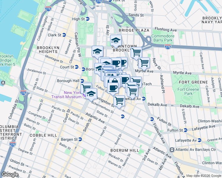map of restaurants, bars, coffee shops, grocery stores, and more near 152 Lawrence Street in Brooklyn