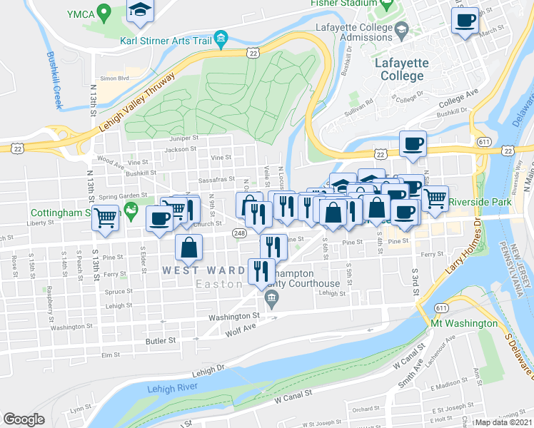 map of restaurants, bars, coffee shops, grocery stores, and more near 693 Prospect Avenue in Easton