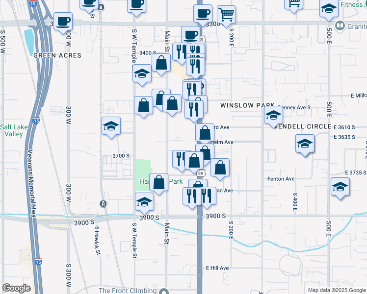 map of restaurants, bars, coffee shops, grocery stores, and more near 3651 South Main Street in South Salt Lake