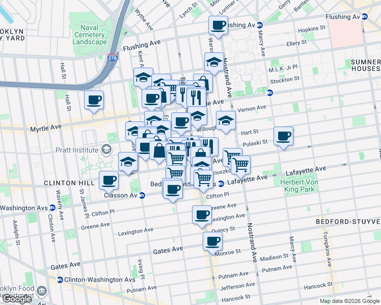 map of restaurants, bars, coffee shops, grocery stores, and more near 970 Bedford Avenue in Brooklyn