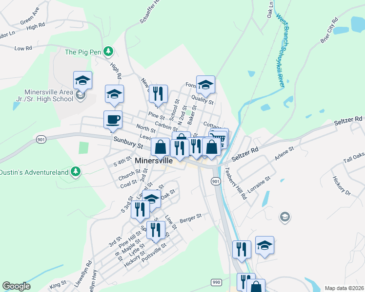 map of restaurants, bars, coffee shops, grocery stores, and more near 119 North 2nd Street in Minersville
