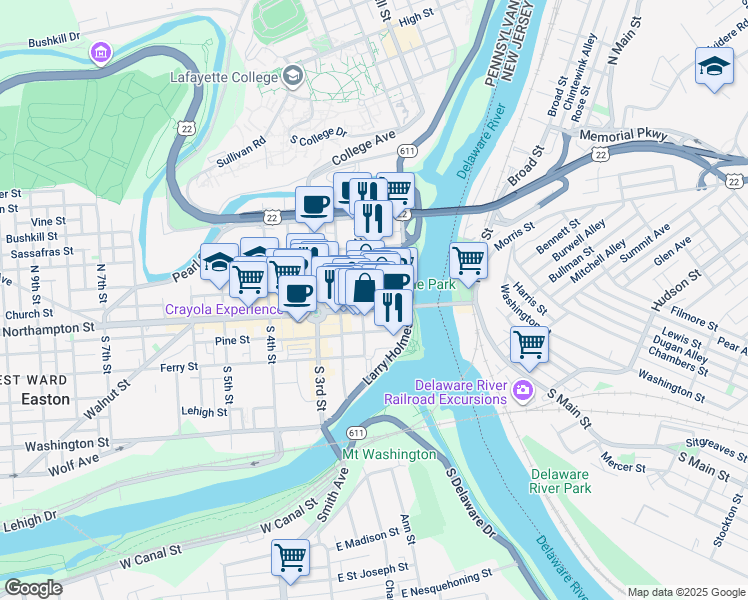 map of restaurants, bars, coffee shops, grocery stores, and more near 153 Northampton Street in Easton
