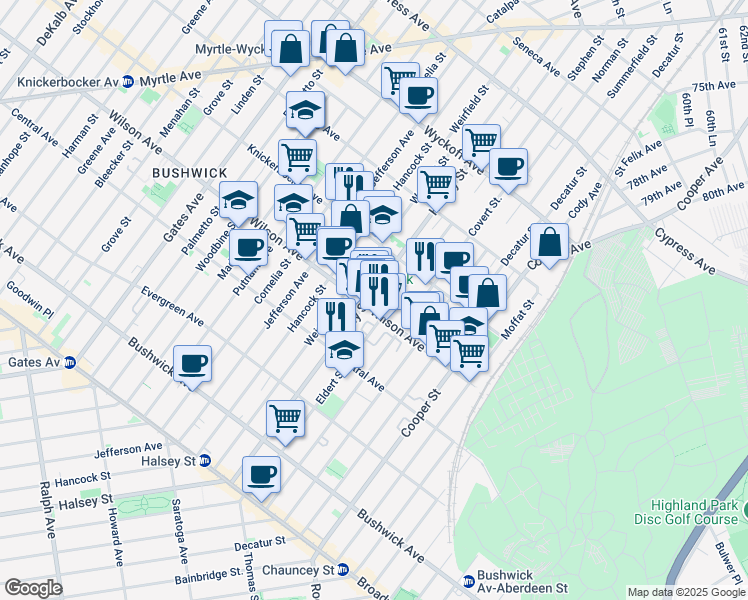 map of restaurants, bars, coffee shops, grocery stores, and more near 567 Wilson Avenue in Brooklyn