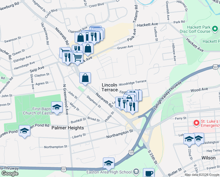 map of restaurants, bars, coffee shops, grocery stores, and more near 2449 Woodridge Terrace in Easton