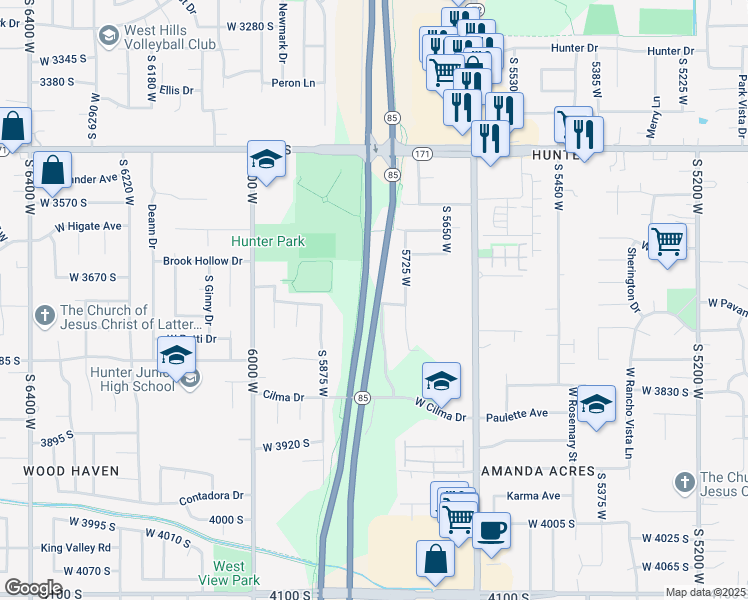 map of restaurants, bars, coffee shops, grocery stores, and more near 3680 Masters Drive in West Valley City