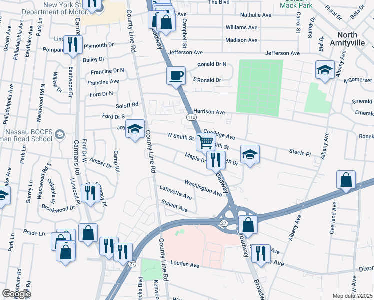 map of restaurants, bars, coffee shops, grocery stores, and more near 24 West Smith Street in Amityville