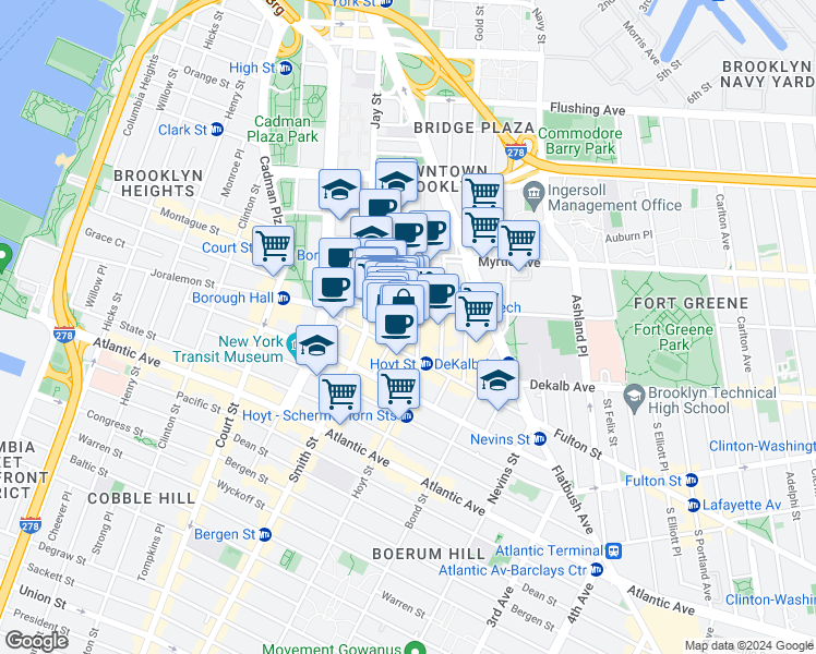 map of restaurants, bars, coffee shops, grocery stores, and more near 68 Willoughby Street in Brooklyn