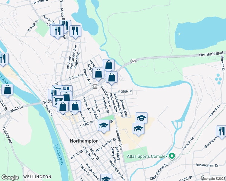 map of restaurants, bars, coffee shops, grocery stores, and more near 501 East 20th Street in Northampton