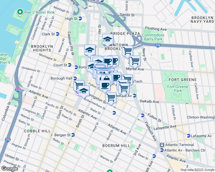 map of restaurants, bars, coffee shops, grocery stores, and more near 388 Bridge Street in Brooklyn