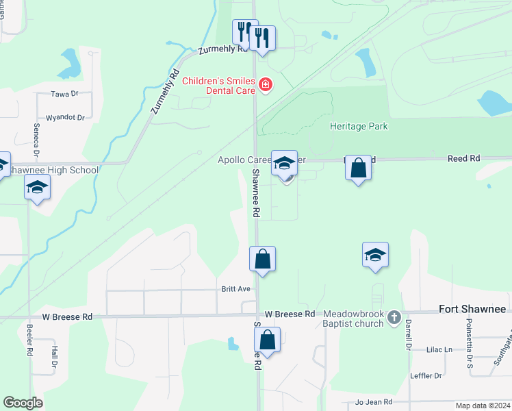 map of restaurants, bars, coffee shops, grocery stores, and more near 3325 Shawnee Road in Lima