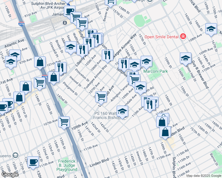 map of restaurants, bars, coffee shops, grocery stores, and more near 108-1 Liverpool Street in Queens