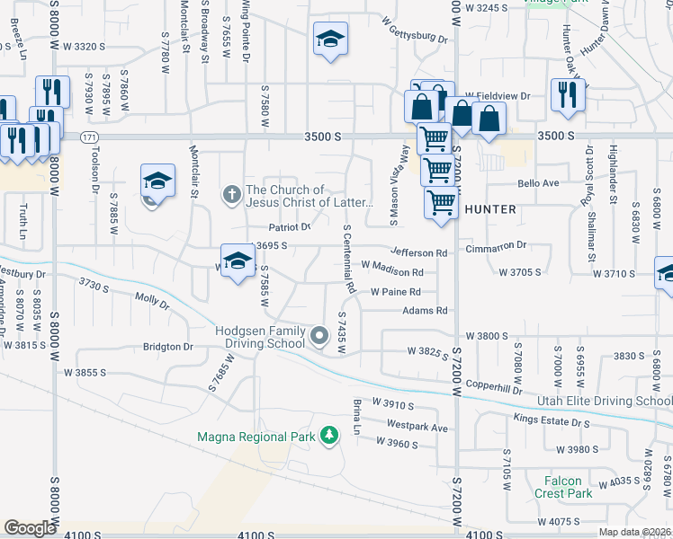 map of restaurants, bars, coffee shops, grocery stores, and more near 7443 West Madison Circle in Magna