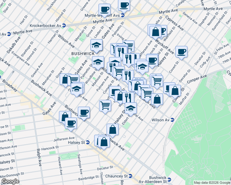 map of restaurants, bars, coffee shops, grocery stores, and more near 1266 Jefferson Avenue in Brooklyn