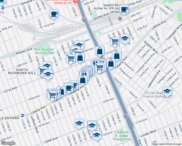 map of restaurants, bars, coffee shops, grocery stores, and more near 59 133rd Street in Queens