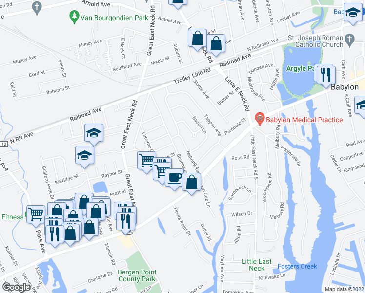 map of restaurants, bars, coffee shops, grocery stores, and more near 24 Nehring Avenue in Babylon
