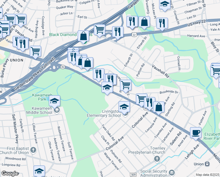 map of restaurants, bars, coffee shops, grocery stores, and more near 1580 Barton Road in Union