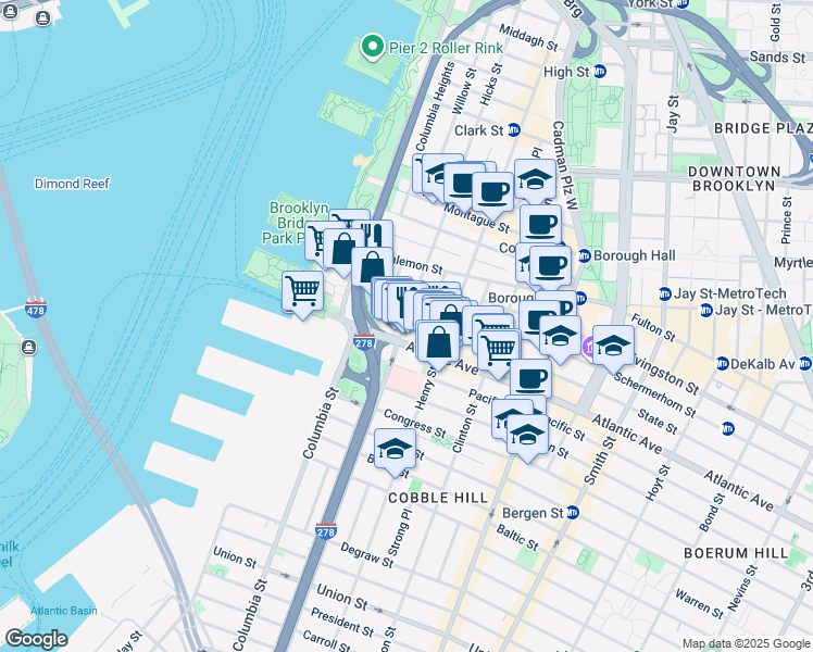 map of restaurants, bars, coffee shops, grocery stores, and more near 317 Hicks Street in Brooklyn