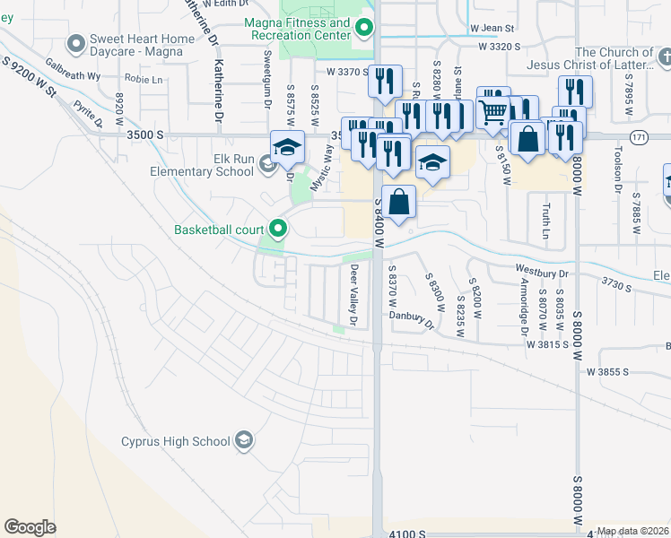 map of restaurants, bars, coffee shops, grocery stores, and more near 8480 Sunset Hills Drive in Magna