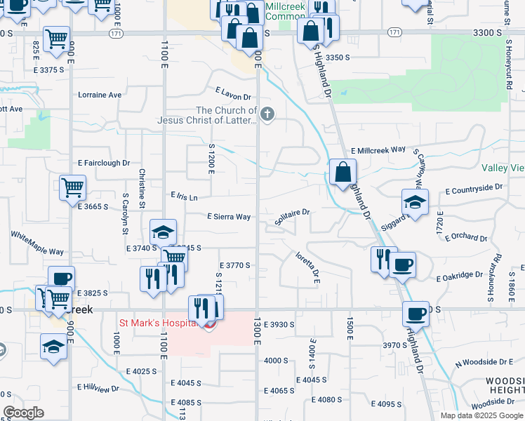 map of restaurants, bars, coffee shops, grocery stores, and more near 3655 South 1300 East in Salt Lake City