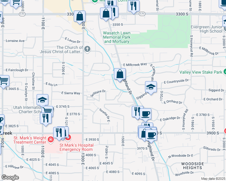 map of restaurants, bars, coffee shops, grocery stores, and more near 1462 Foxboro Drive in Millcreek