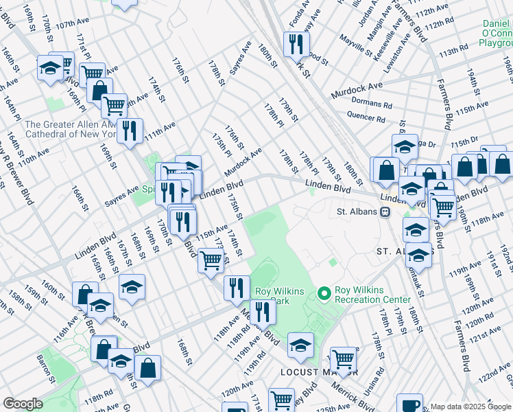 map of restaurants, bars, coffee shops, grocery stores, and more near 114-67 176th Street in Queens