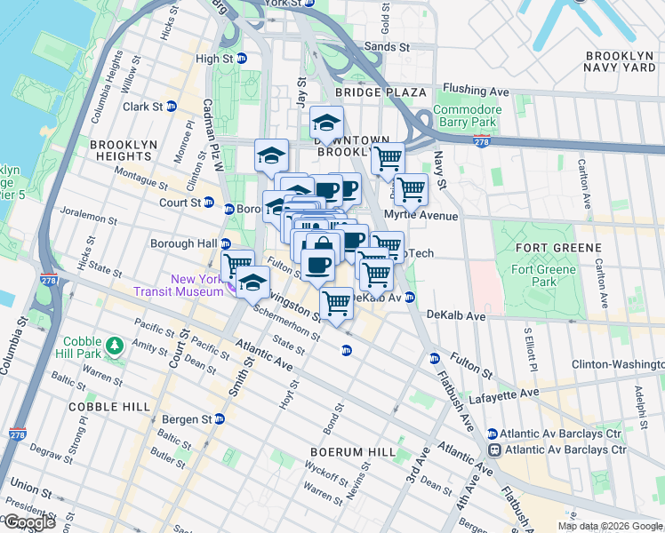 map of restaurants, bars, coffee shops, grocery stores, and more near 68 Willoughby Street in Brooklyn