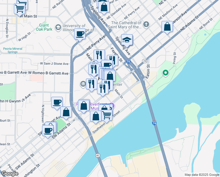map of restaurants, bars, coffee shops, grocery stores, and more near 116 Southwest Jefferson Avenue in Peoria