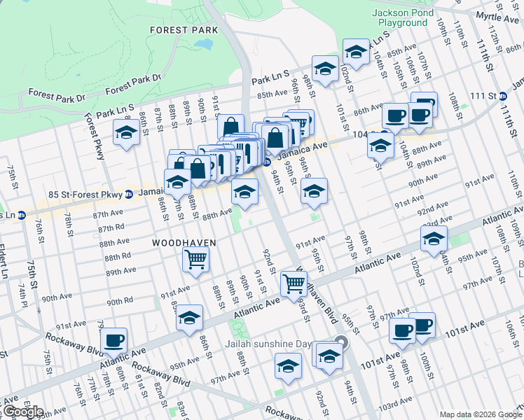 map of restaurants, bars, coffee shops, grocery stores, and more near 9206 88th Avenue in Queens
