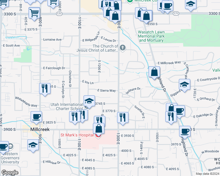 map of restaurants, bars, coffee shops, grocery stores, and more near 1249 East Sierra Way in Millcreek