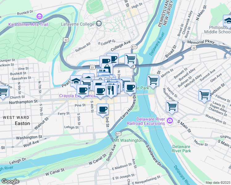 map of restaurants, bars, coffee shops, grocery stores, and more near 60 Centre Square in Easton