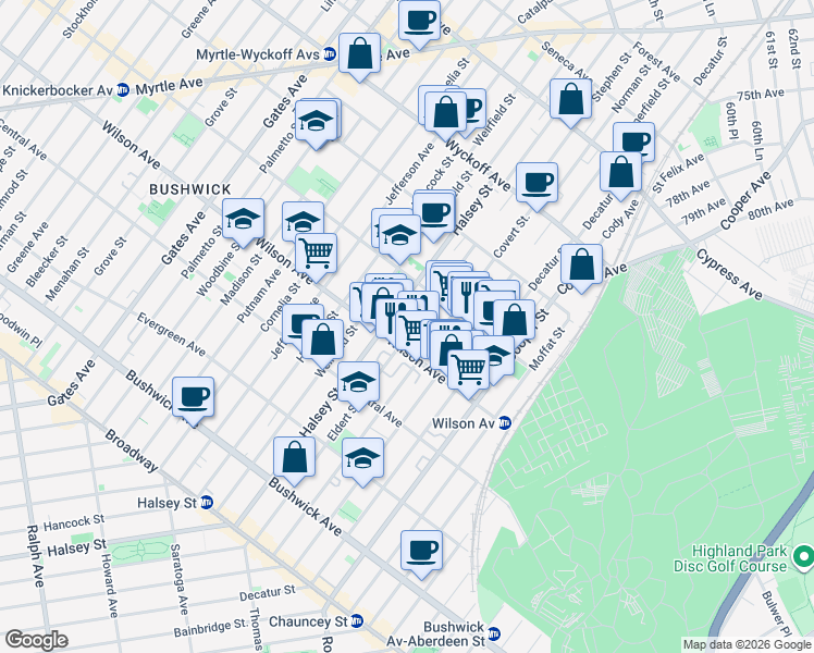 map of restaurants, bars, coffee shops, grocery stores, and more near 273 Eldert Street in Brooklyn