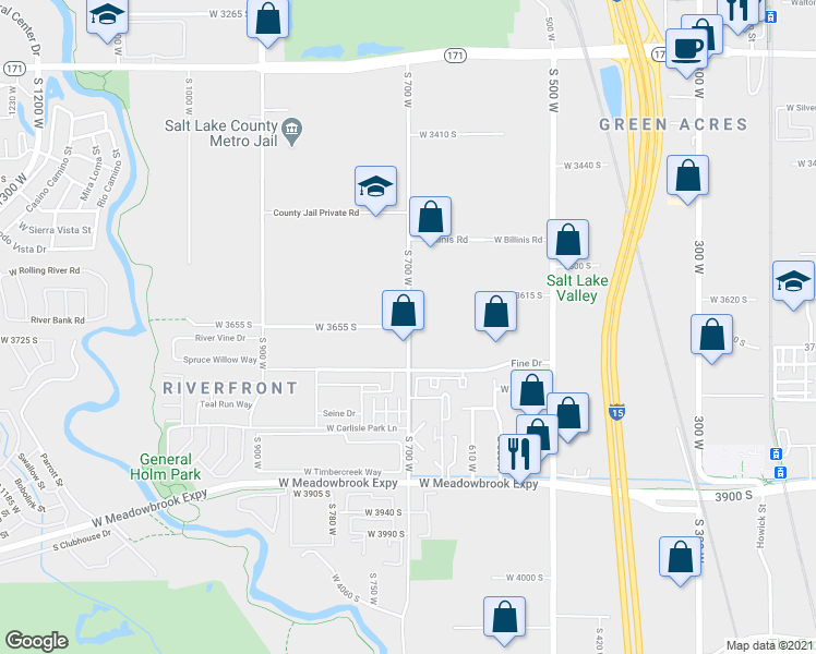 map of restaurants, bars, coffee shops, grocery stores, and more near 700 West 3655 South in South Salt Lake