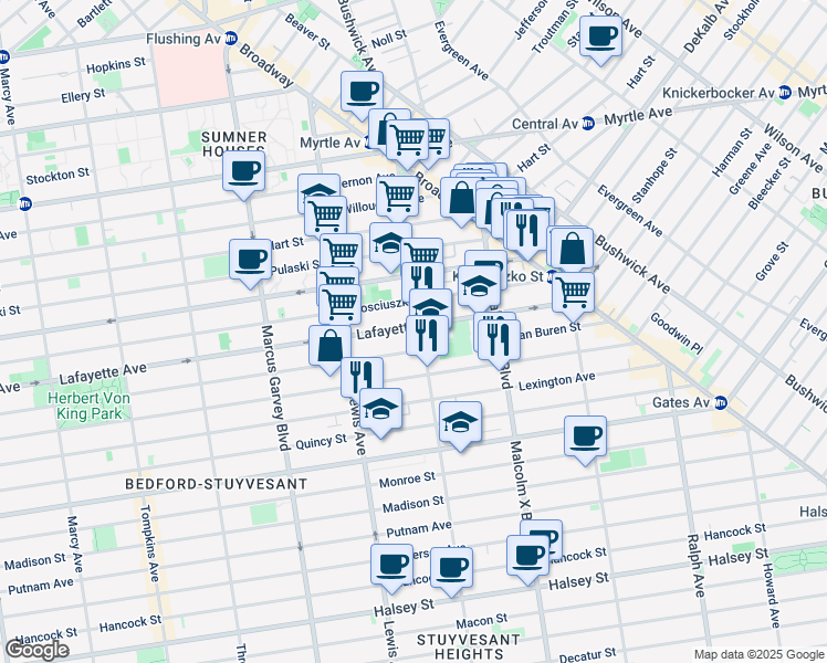 map of restaurants, bars, coffee shops, grocery stores, and more near 956 Lafayette Avenue in Brooklyn