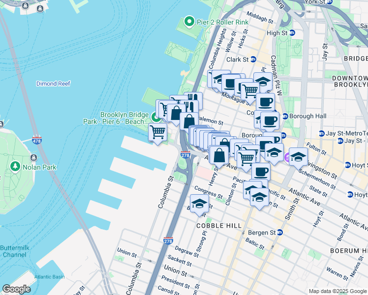 map of restaurants, bars, coffee shops, grocery stores, and more near 53 Atlantic Avenue in Brooklyn