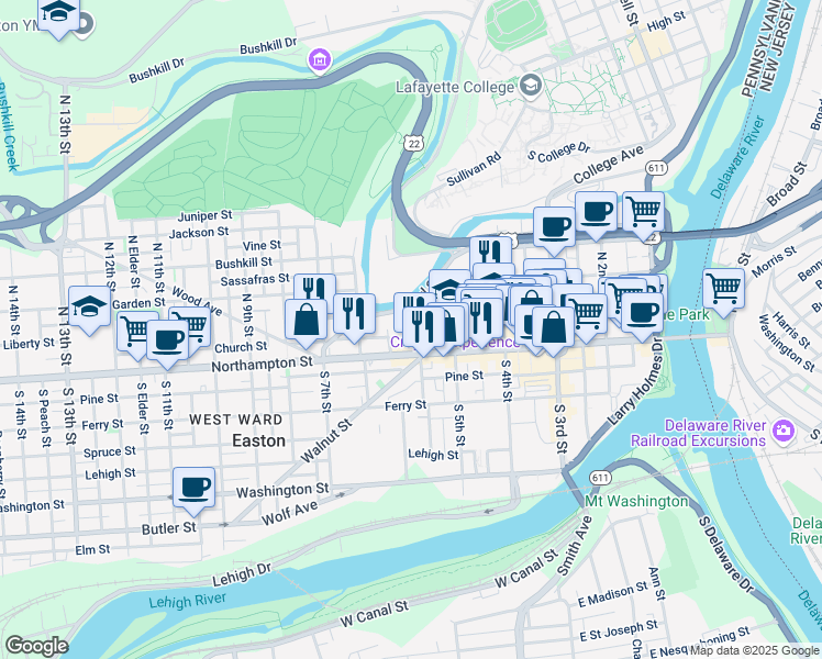 map of restaurants, bars, coffee shops, grocery stores, and more near 44 North 6th Street in Easton