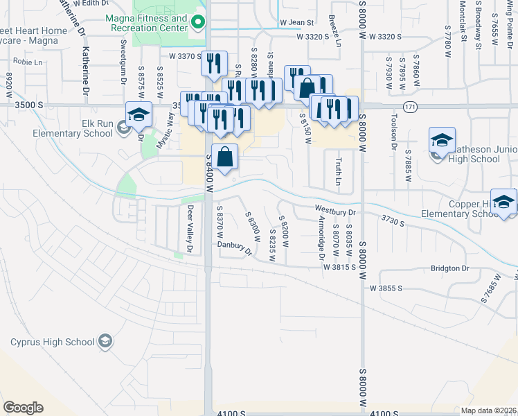 map of restaurants, bars, coffee shops, grocery stores, and more near 3692 South 8235 West in Magna