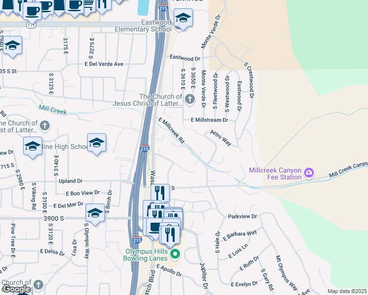 map of restaurants, bars, coffee shops, grocery stores, and more near 3589 East Apple Mill Cove in Salt Lake City
