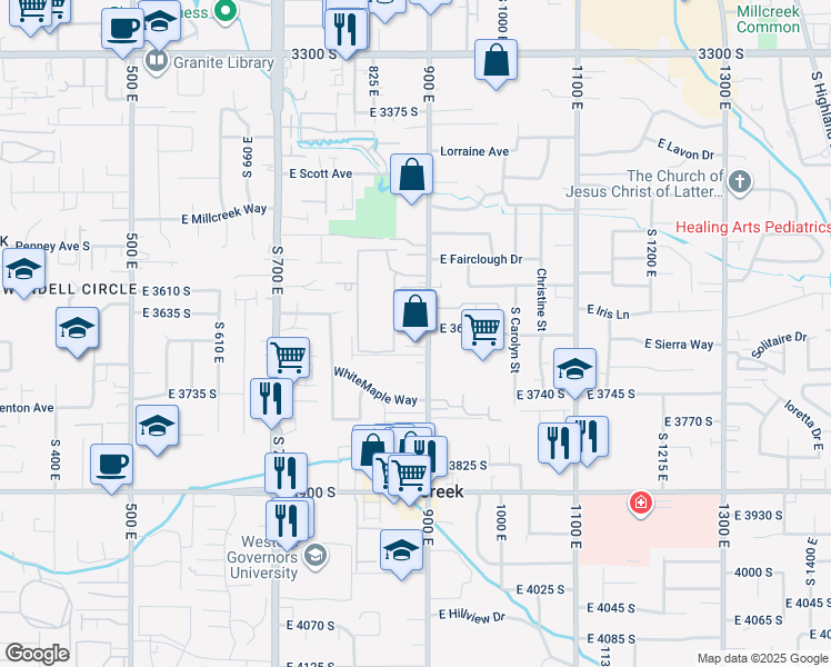 map of restaurants, bars, coffee shops, grocery stores, and more near in Millcreek