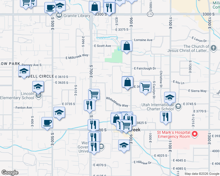 map of restaurants, bars, coffee shops, grocery stores, and more near 786 Redmaple Circle in Millcreek